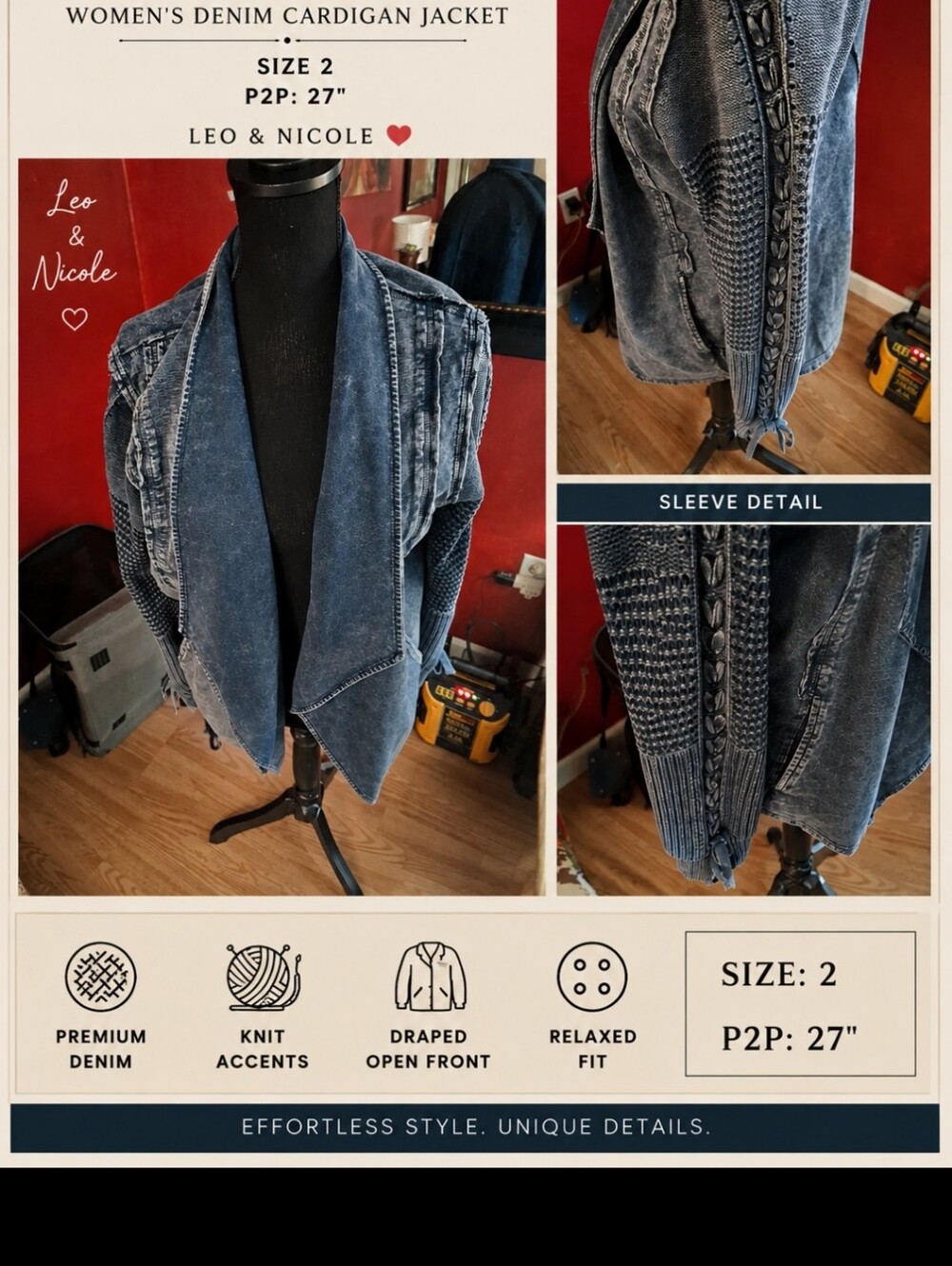 Leo & Nicole Women's Denim Cardigan Jacket - Washed Blue